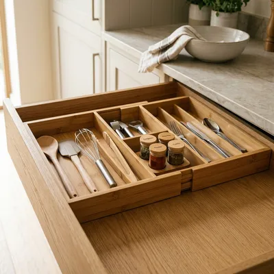 Solid Bamboo Drawer Divider Set in kitchen drawer [SKU: ATN-KIT-BMB-1422-0101]