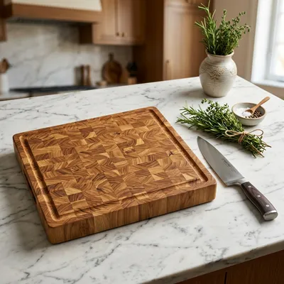 End-Grain Solid Bamboo Cutting Board on marble counter [SKU: ATN-KIT-BMB-SET3-0103]