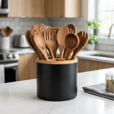 Matte Black Stainless Steel Utensil Caddy with bamboo dividers [SKU: ATN-KIT-SST-4CPT-0102]