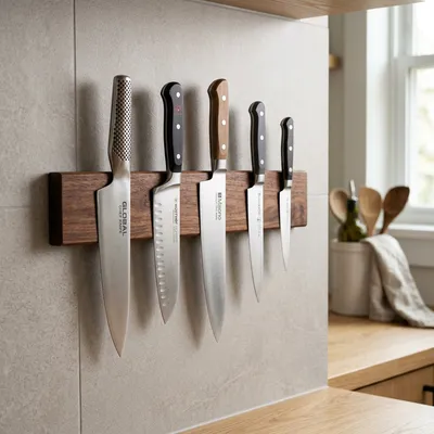 Wall-Mounted Solid Walnut Magnetic Knife Bar with chef knives [SKU: ATN-KIT-WAL-16IN-0104]