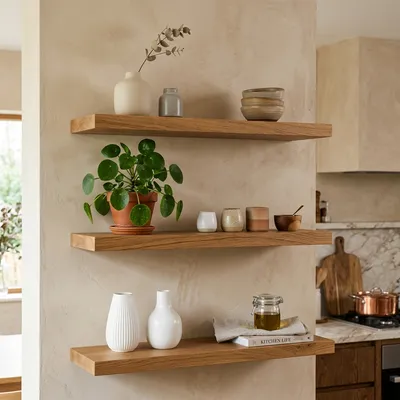 Solid White Oak Floating Wall Shelves with ceramic vase [SKU: ATN-ORG-OAK-2436-0304]