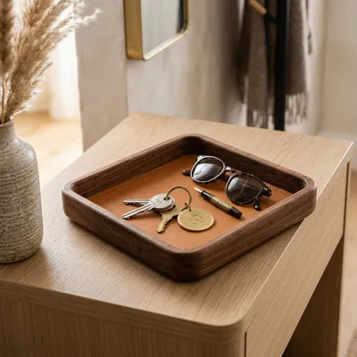 Entryway Valet Catchall Tray in solid walnut wood and leather [SKU: ATN-ORG-WAL-1006-0301]