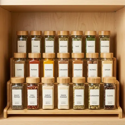 3-Tier Expandable Solid Bamboo Spice Shelf Riser with jars [SKU: ATN-PAN-BMB-3TIR-0202]