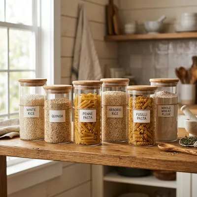 Airtight Glass Pantry Storage Jars on wooden shelf [SKU: ATN-PAN-GLS-1020-0201]