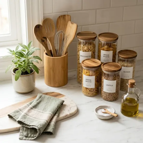 Beautifully organized kitchen countertop with bamboo utensils, glass pantry jars, and a marble cutting board